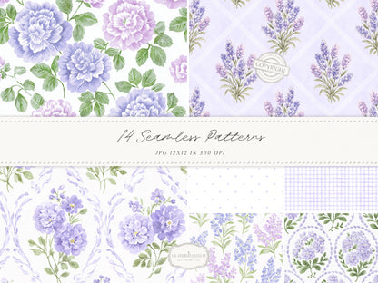 Grandmillennial Set 7 - Seamless Patterns, Lavender Floral, Purple Stripe, Plaid, Elegant Botanical Patterns | 14 JPEG