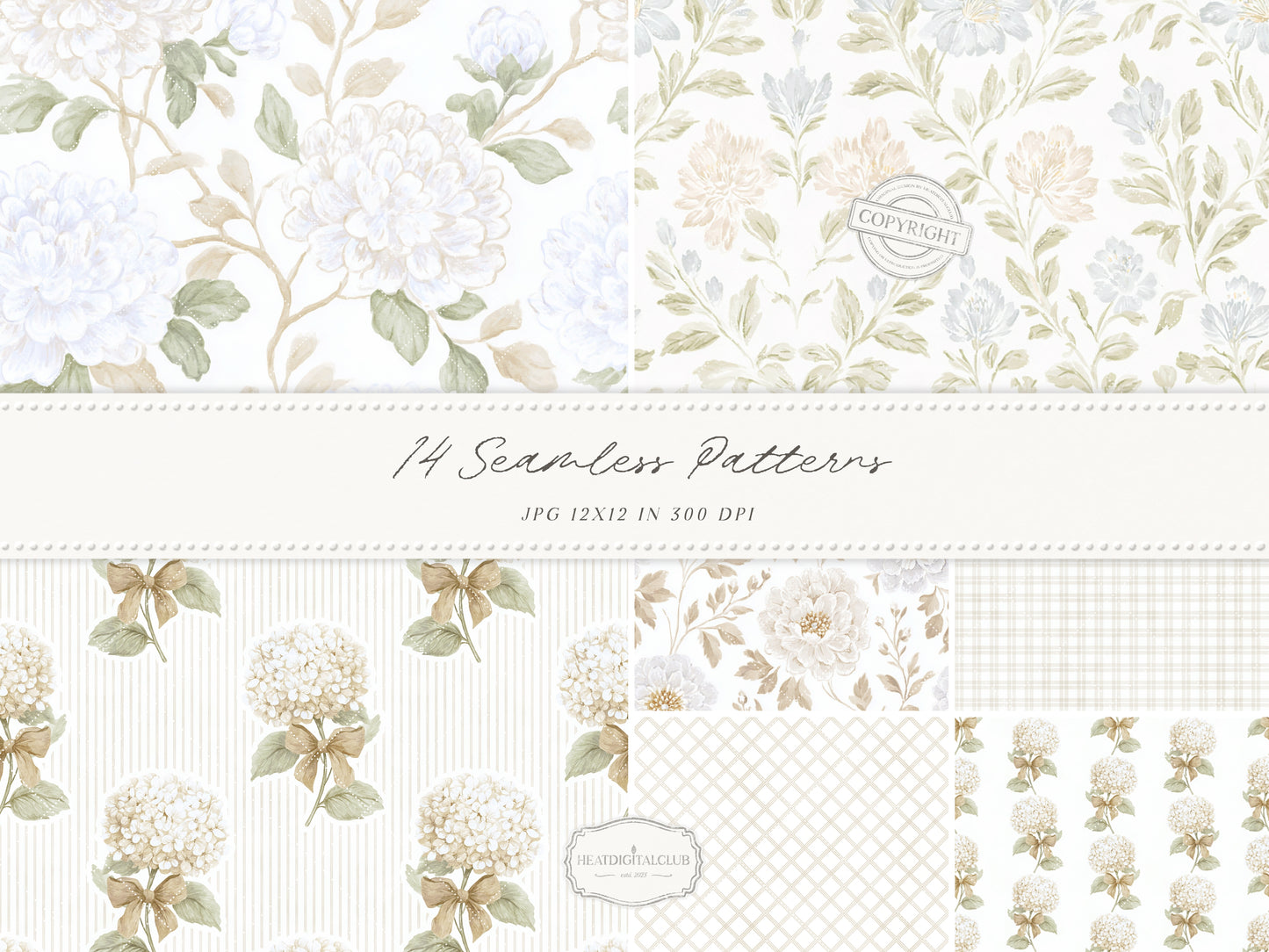 Grandmillennial Set 8 - Seamless Patterns, Beige Neutral Floral, Estate Botanical, Stripes, Damask Patterns | 14 JPEG