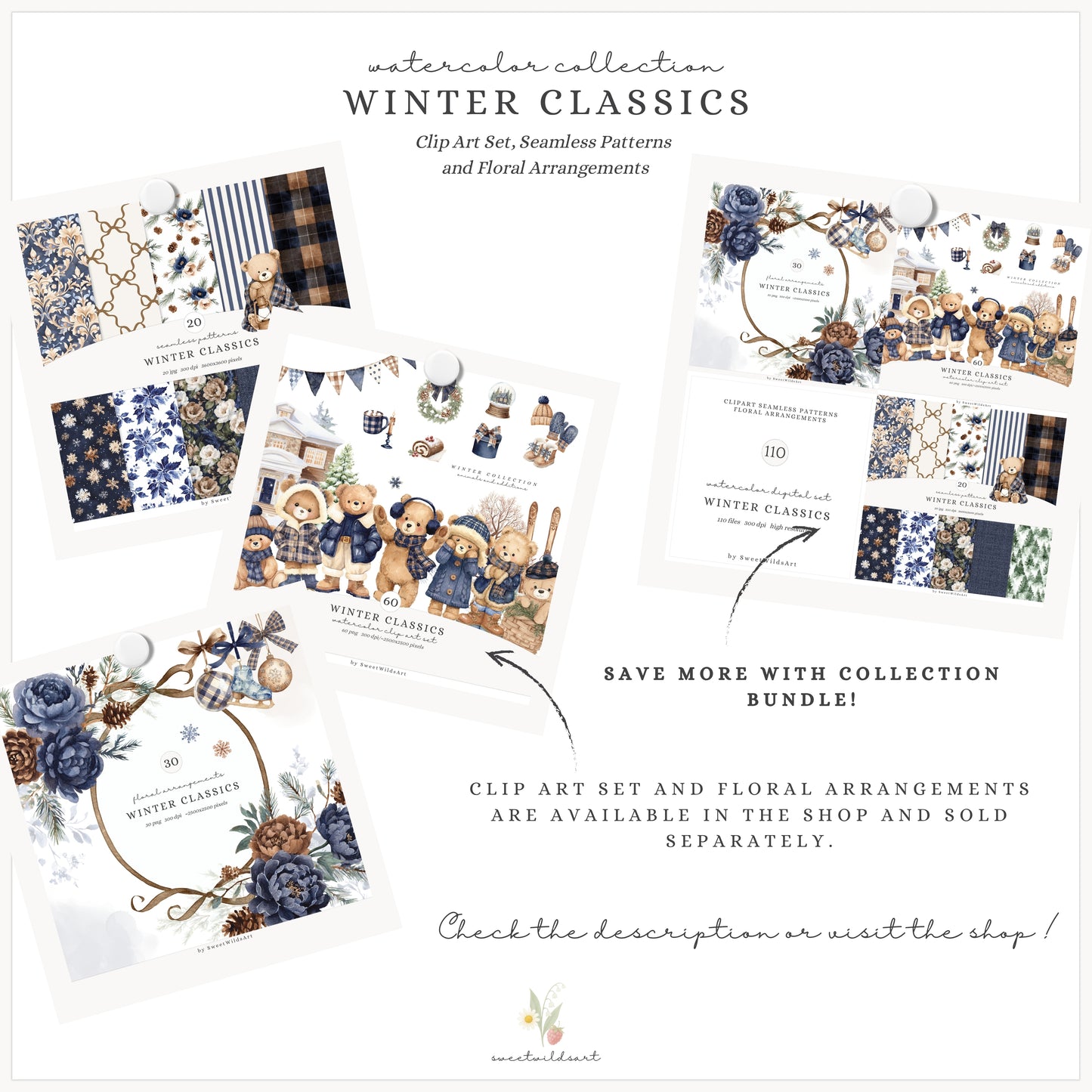 Winter Classics - Seamless Patterns, Blue Brown Tartan, Florals, Woodland, Nursery | 20 PNG