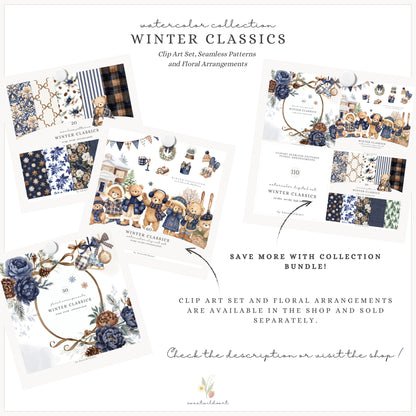 Winter Classics - Seamless Patterns, Blue Brown Tartan, Florals, Woodland, Nursery | 20 PNG