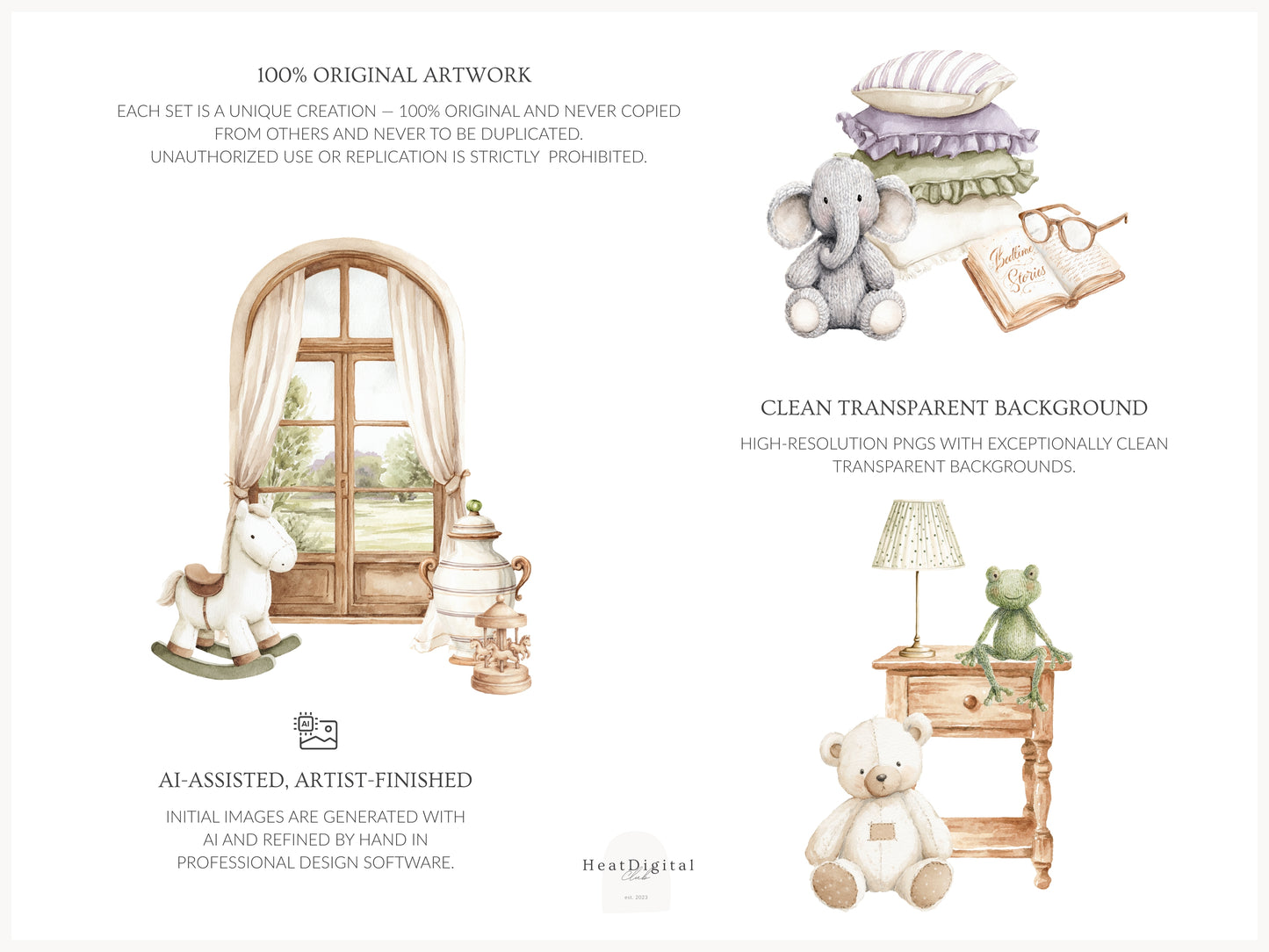Gentle Atelier - Heirloom Baby Toys, Vintage Nursery Clipart, Neutral Baby Shower, English Spring | 104 PNG/JPEG