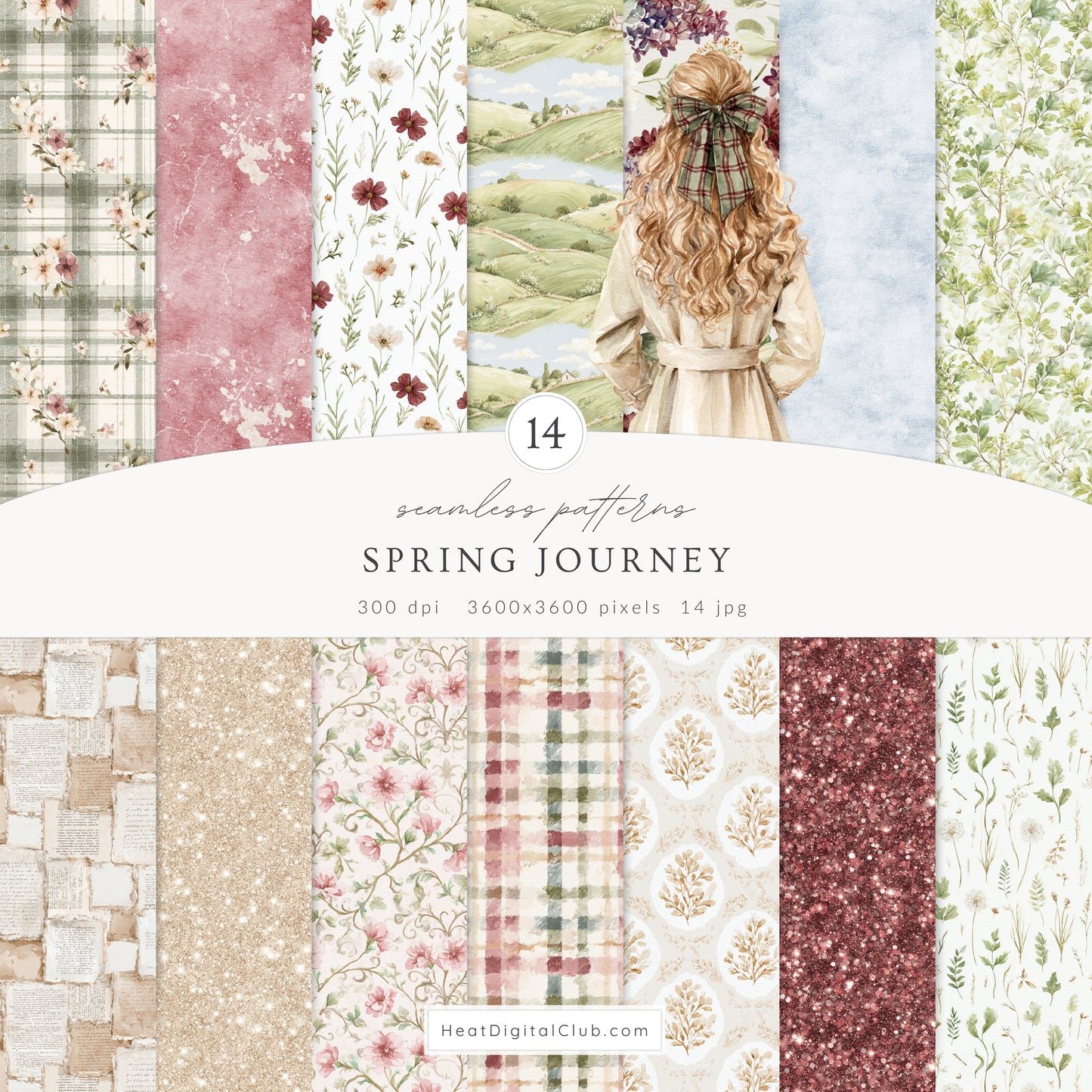 Spring Journey - Seamless Patterns, Tartan, Florals, Elegant Watercolor Pattern | 14 JPEG