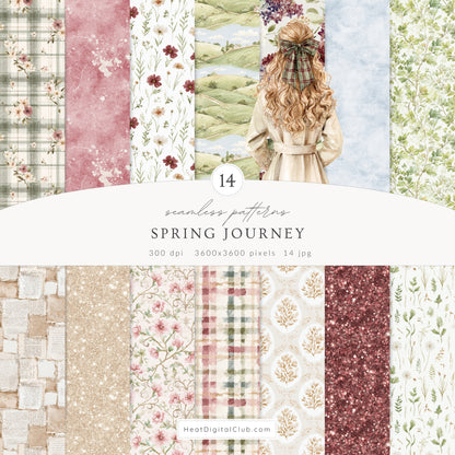 Spring Journey - Seamless Patterns, Tartan, Florals, Elegant Watercolor Pattern | 14 JPEG