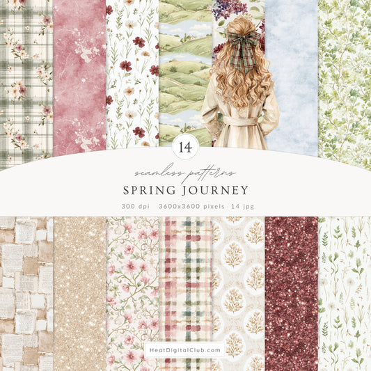 Spring Journey - Seamless Patterns, Tartan, Florals, Elegant Watercolor Pattern | 14 JPEG