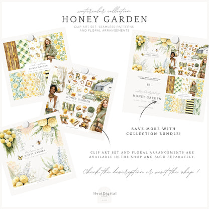 Honey Garden - Seamless Patterns, Bee, Yellow Floral, Honeycomb | 10 JPEG