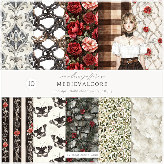 Medievalcore - Gothic Patterns, Red Roses Plaid Chains | 10 JPEG