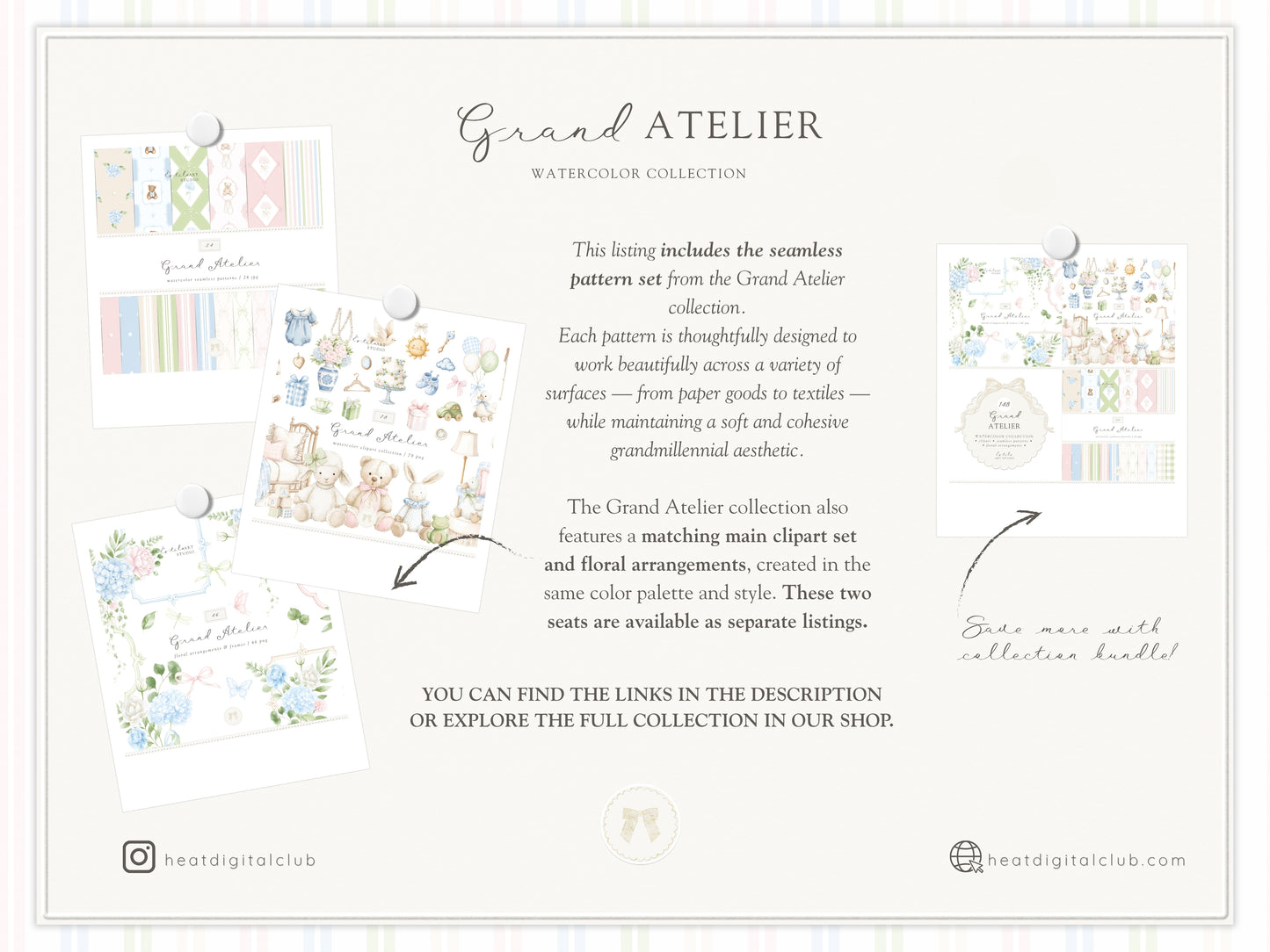 Grand Atelier - Seamless Patterns, Grandmillennial, Pastel Stripes, Gingham Check, Nursery, Vintage Baby | 24 JPEG