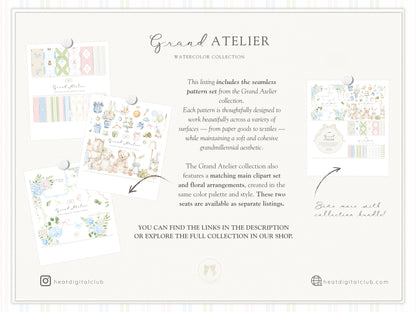 Grand Atelier - Seamless Patterns, Grandmillennial, Pastel Stripes, Gingham Check, Nursery, Vintage Baby | 24 JPEG
