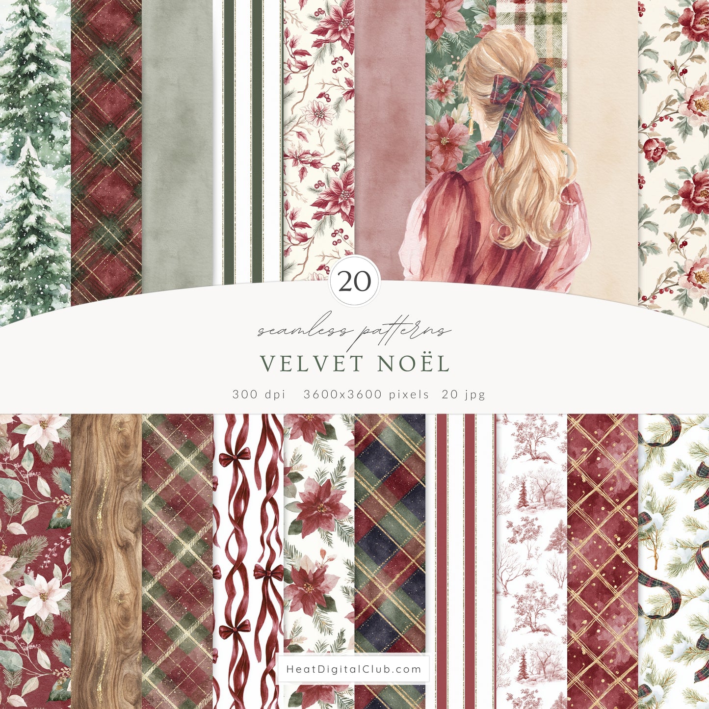 Velvet Noël - Christmas Seamless Patterns, Tartan Holiday Patterns, Elegant Winter | 20 JPEG