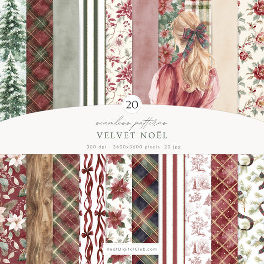 Velvet Noël - Christmas Seamless Patterns, Tartan Holiday Patterns, Elegant Winter | 20 JPEG