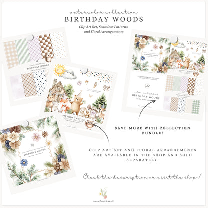 Birthday Woods - Seamless Patterns, Woodland Gingham Polka Dot Stripes | 31 JPEG