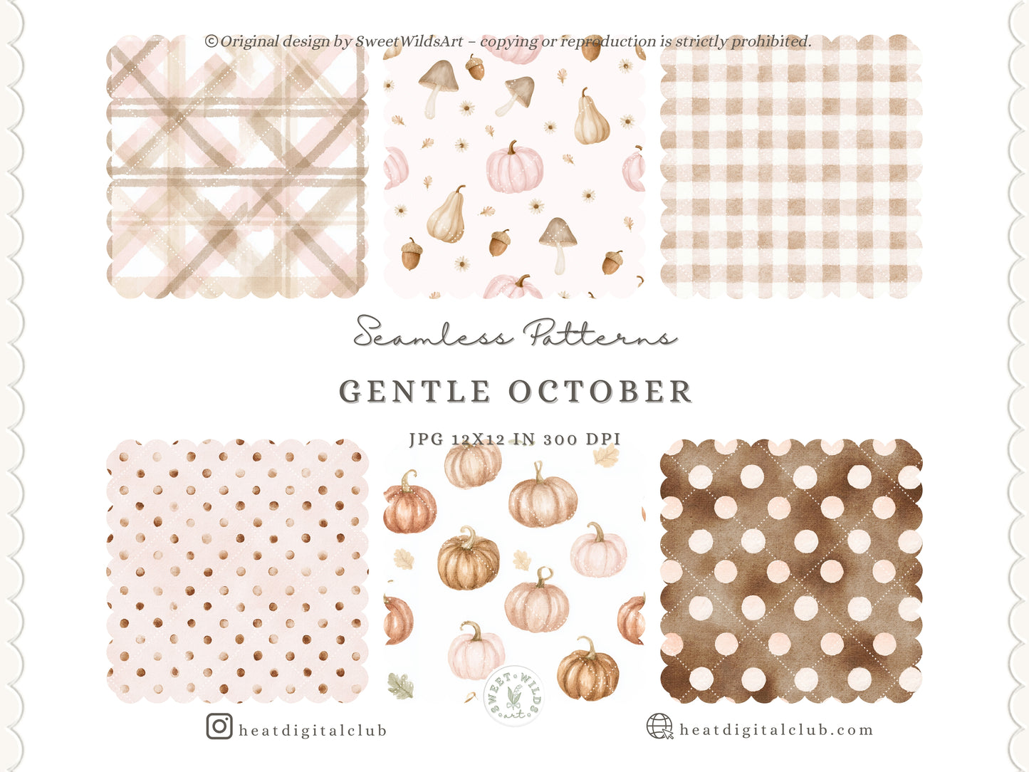 Gentle October - Watercolor Fall Seamless Patterns, Floral Plaid Collection | 12 JPEG