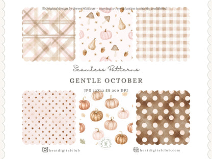 Gentle October - Watercolor Fall Seamless Patterns, Floral Plaid Collection | 12 JPEG