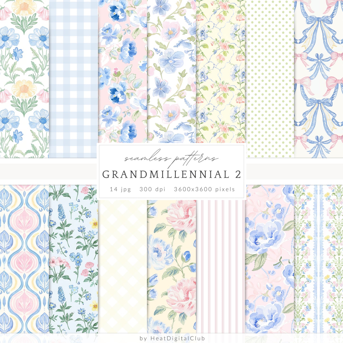 Grandmillennial - Seamless Patterns Bundle, Pastel Floral, Stripes, Plaid, Glitter | 56 JPEG