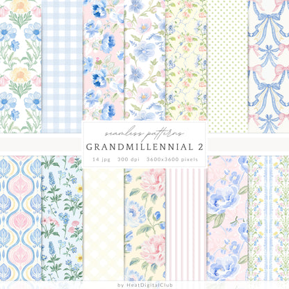 Grandmillennial - Seamless Patterns Bundle, Pastel Floral, Stripes, Plaid, Glitter | 56 JPEG