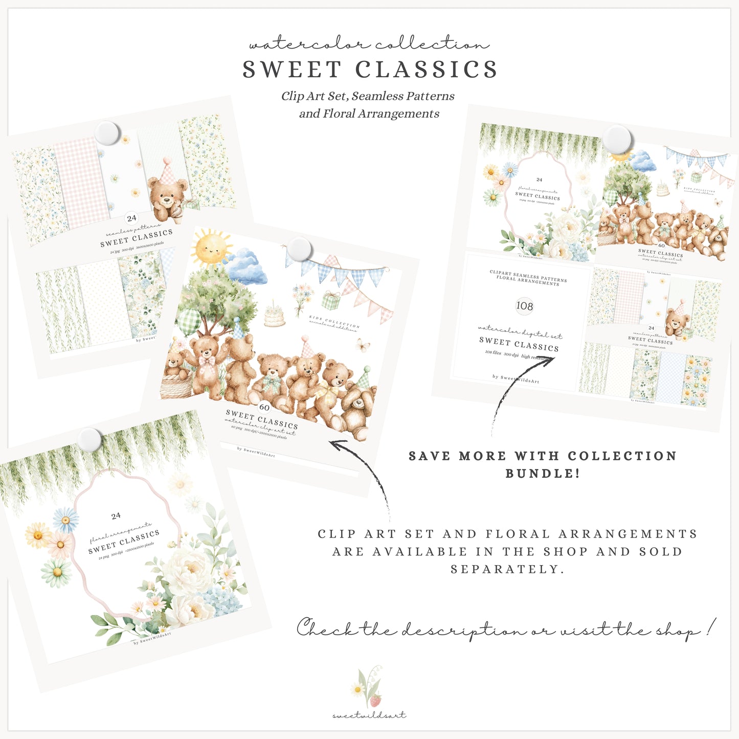 Sweet Classics - Seamless Patterns, Pastel Gingham, Floral Scrapbook Paper, Baby Nursery | 24 JPEG