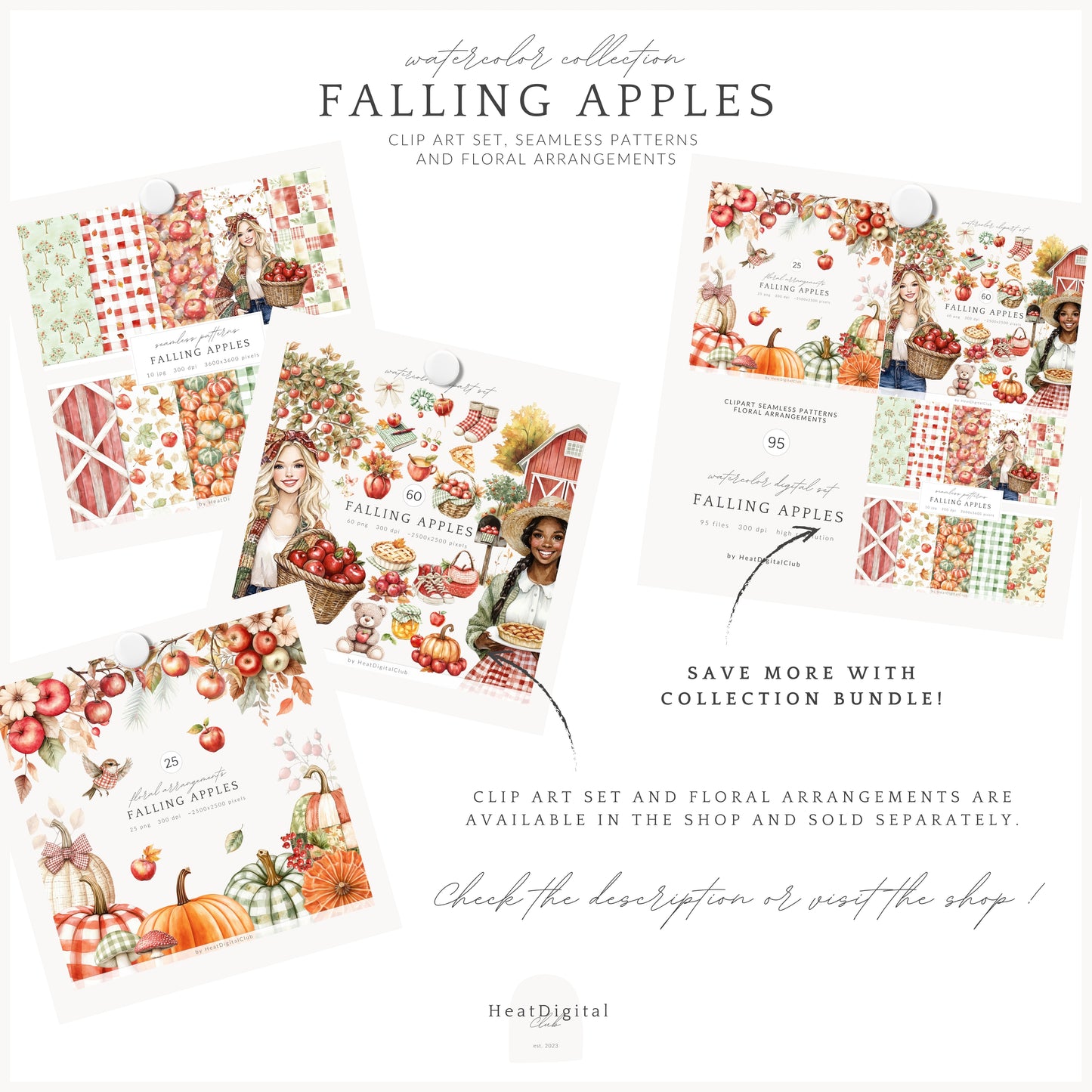 Falling Apples - Seamless Patterns, Cozy Autumn Gingham, Pumpkins | 10 JPEG