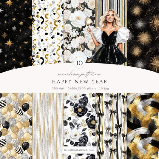Happy New Year - Seamless Patterns, Black Gold Silver, Glitter Balloons Stars, Festive | 10 JPEG
