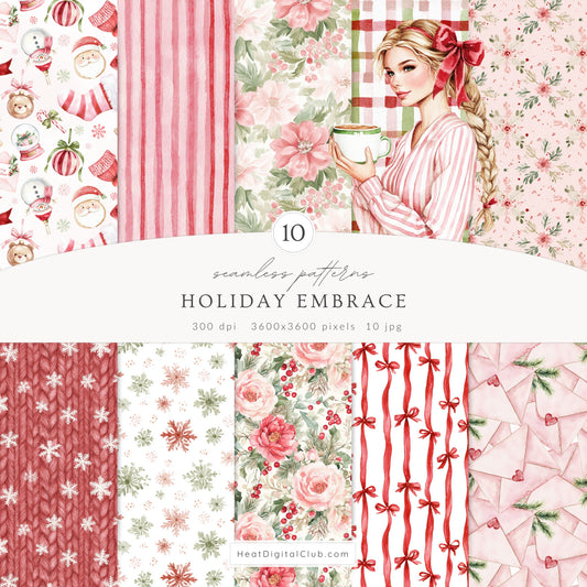 Holiday Embrace - Watercolor Seamless Patterns, Cozy Elegant Winter Christmas | 10 JPEG