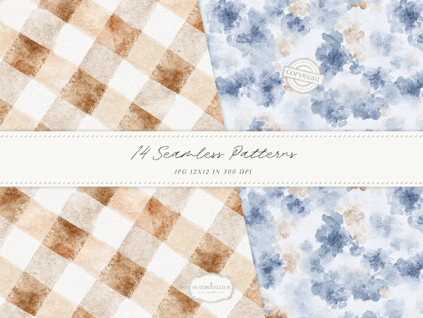 Coffee & Denim - Seamless Patterns, Textile Prints, Coffee Bean Patterns, Blue Brown Denim Fabric | 14 JPEG