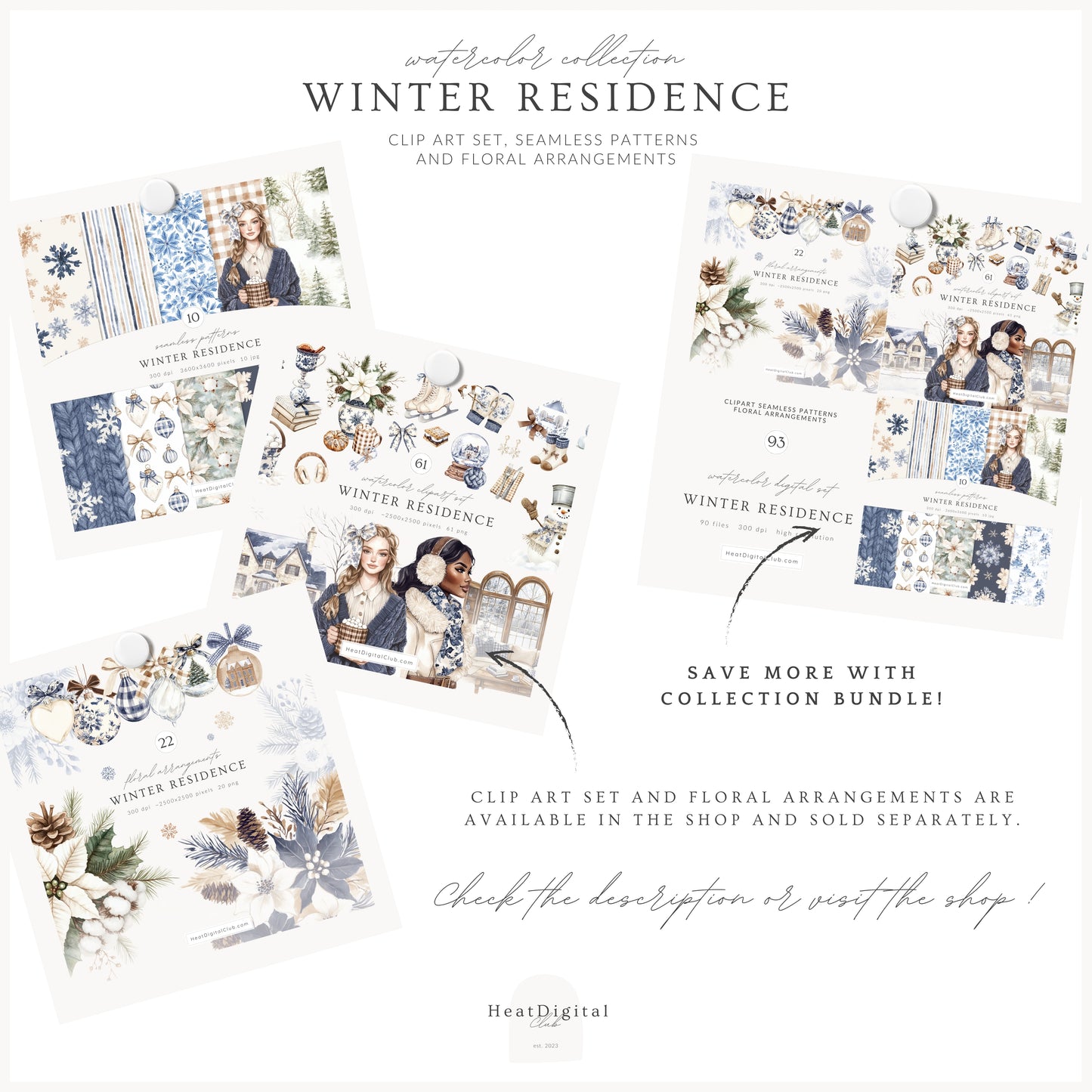 Winter Residence - Watercolor Seamless Patterns, Cozy Elegant Chinoiserie | 10 JPEG