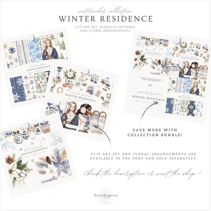 Winter Residence - Watercolor Seamless Patterns, Cozy Elegant Chinoiserie | 10 JPEG