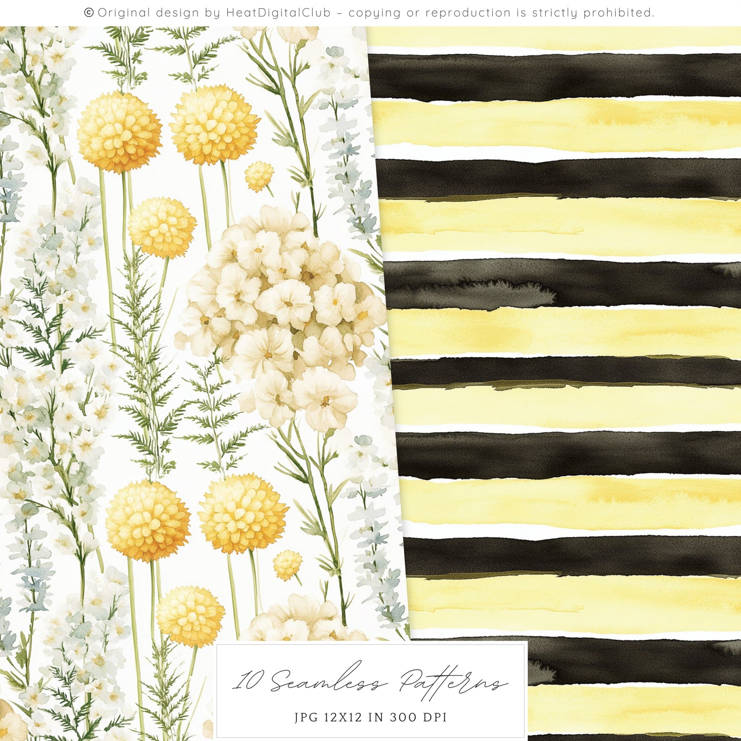Honey Garden - Seamless Patterns, Bee, Yellow Floral, Honeycomb | 10 JPEG