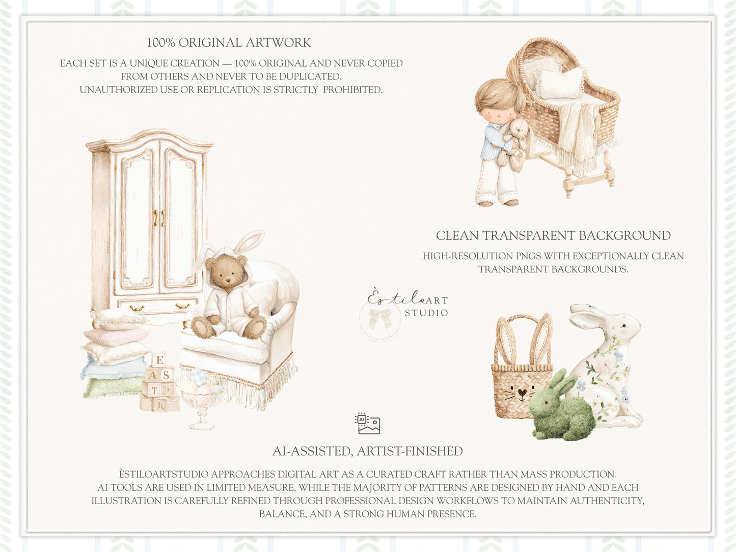 Easter Atelier - Clipart Set, Heirloom Nursery Easter, Plush Bunny Toys, Pastel Eggs | 117 PNG/JPEG