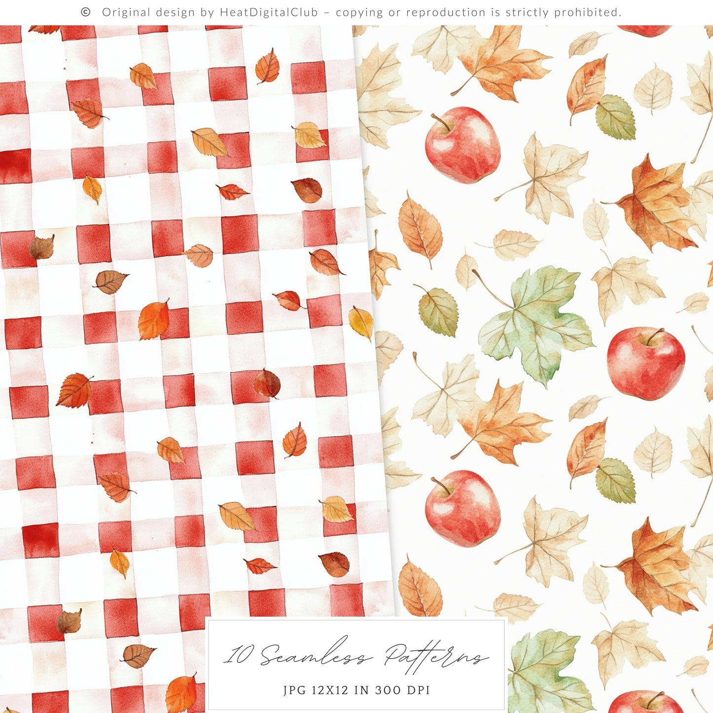 Falling Apples - Seamless Patterns, Cozy Autumn Gingham, Pumpkins | 10 JPEG
