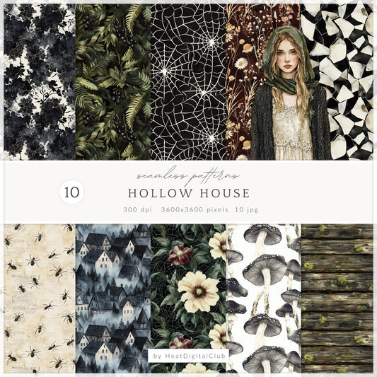 Hollow House - Seamless Patterns, Dark Cottagecore, Gothic, Halloween | 10 JPEG