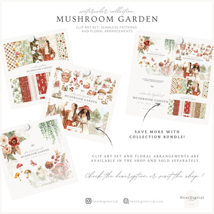 Mushroom Garden - Seamless Patterns, Cottagecore Forest Digital Paper, Shabby Patterns | 14 PNG