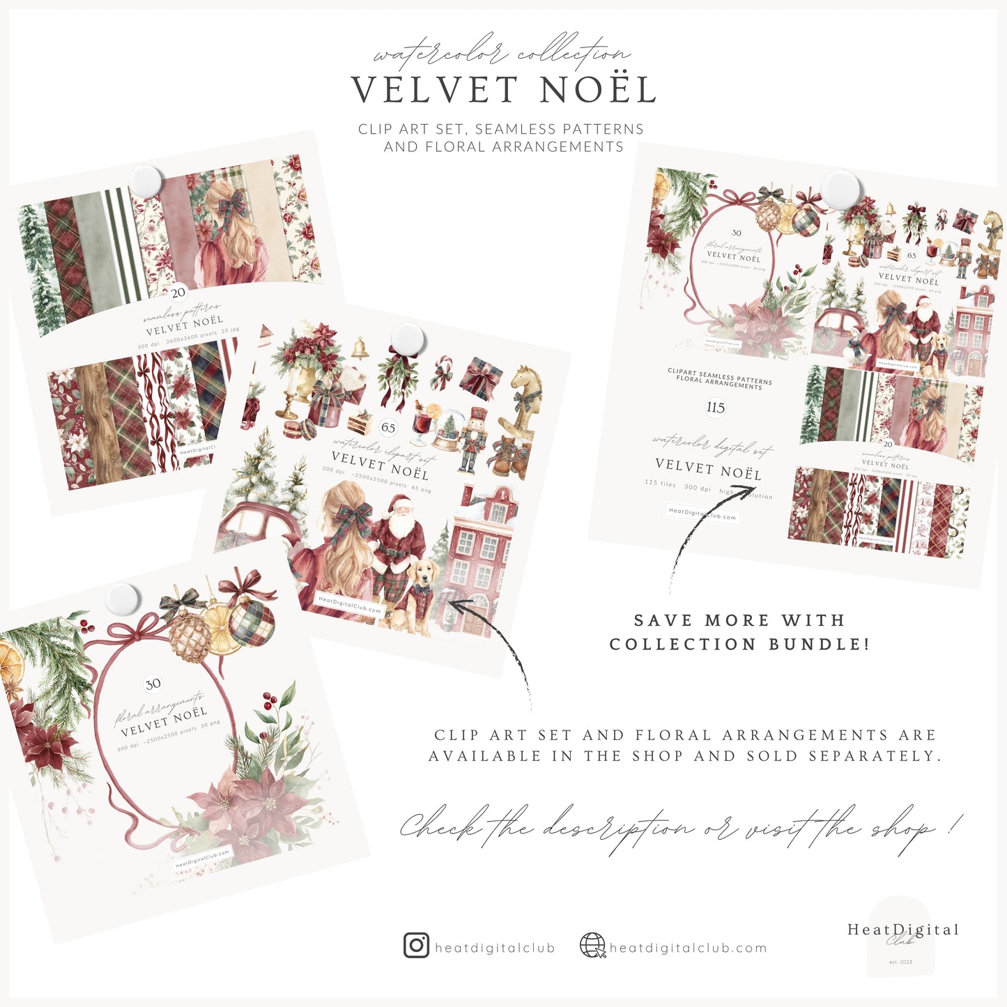 Velvet Noël - Christmas Seamless Patterns, Tartan Holiday Patterns, Elegant Winter | 20 JPEG
