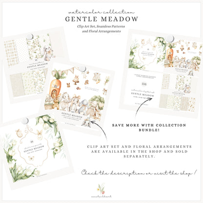 Gentle Meadow - Seamless Patterns, Spring Floral, Neutral Gingham Pattern, Pastel Papers, Nursery | 16 JPEG