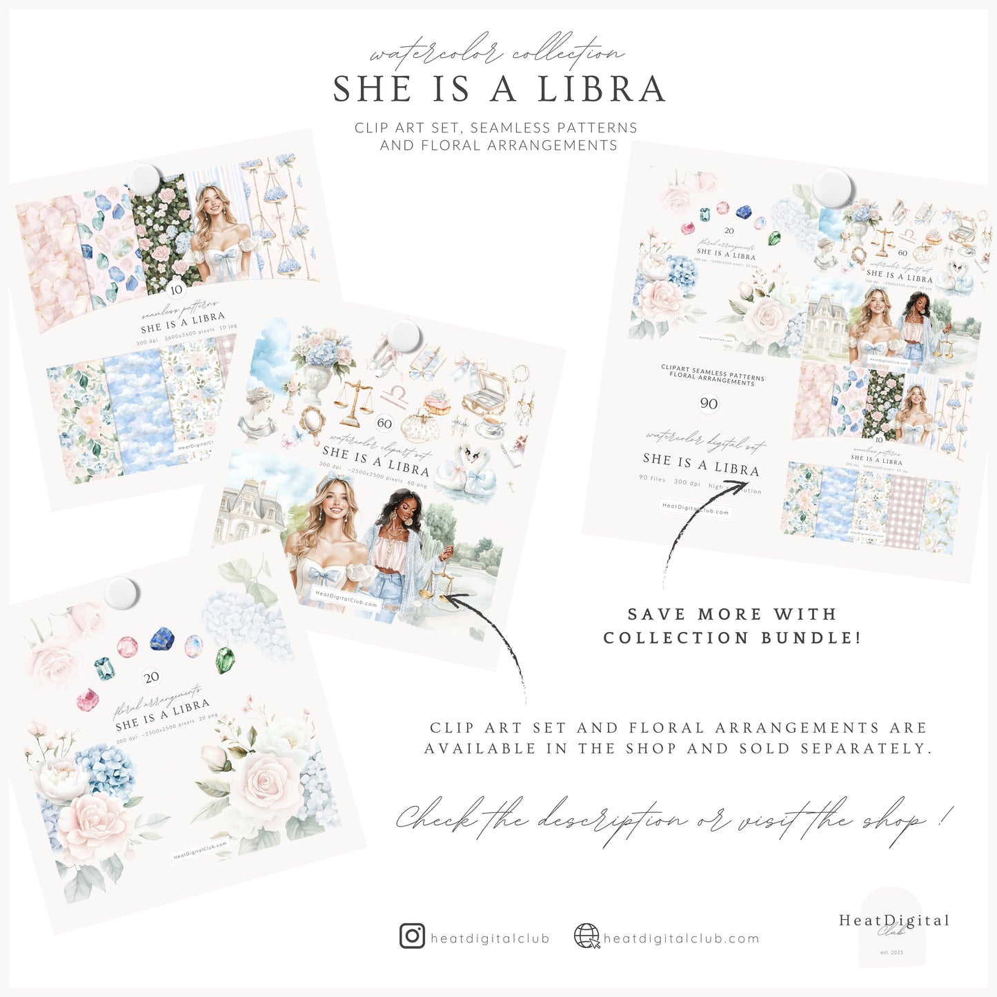 She is a Libra - Watercolor Seamless Patterns,  Libra Zodiac, Astrology, Zodiac | 10 JPEG