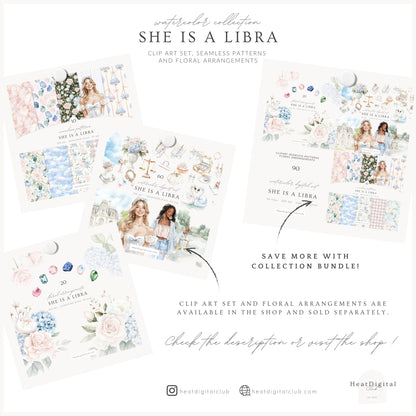She is a Libra - Watercolor Seamless Patterns,  Libra Zodiac, Astrology, Zodiac | 10 JPEG