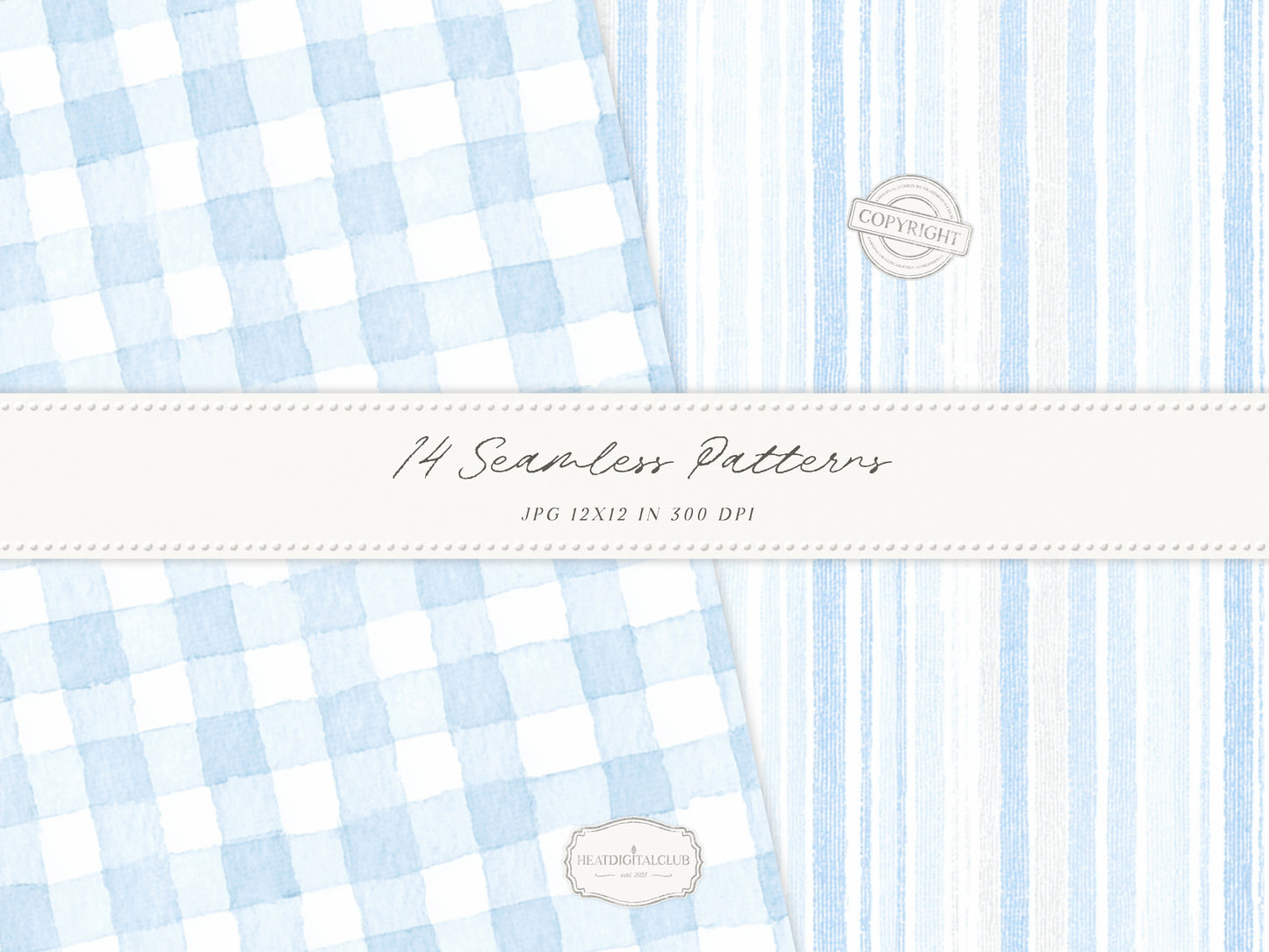 Modern Cinderella - Seamless Patterns, French Blue Floral, Hydrangea, Damask, Stripe, Gingham, Romantic | 14 JPEG