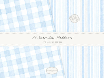 Modern Cinderella - Seamless Patterns, French Blue Floral, Hydrangea, Damask, Stripe, Gingham, Romantic | 14 JPEG