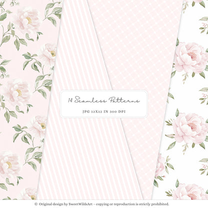 Little Coquettes - Seamless Patterns, Pink Gingham & Floral, Coquette, Baby Girl | 14 JPEG