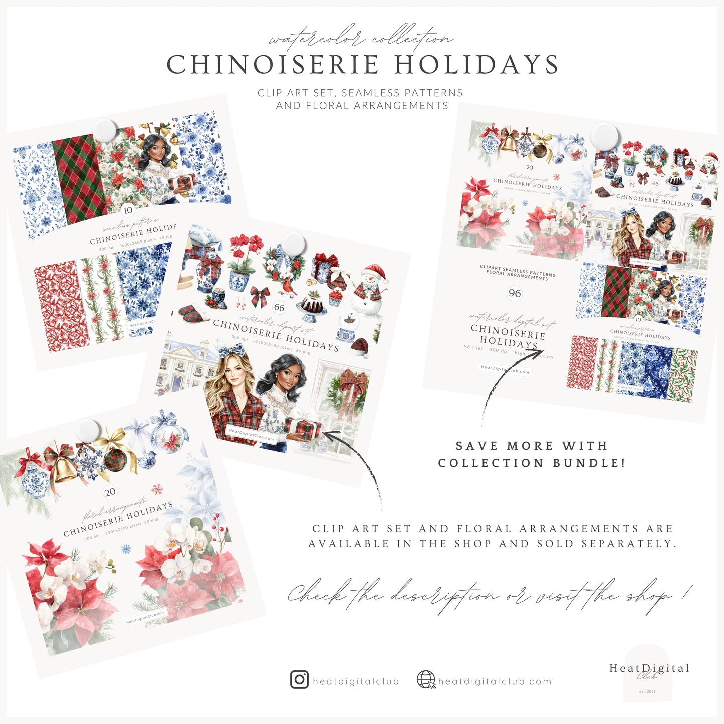 Chinoiserie Holidays - Seamless Patterns, Christmas, Tartan & Floral, Grandmillennial | 10 JPEG
