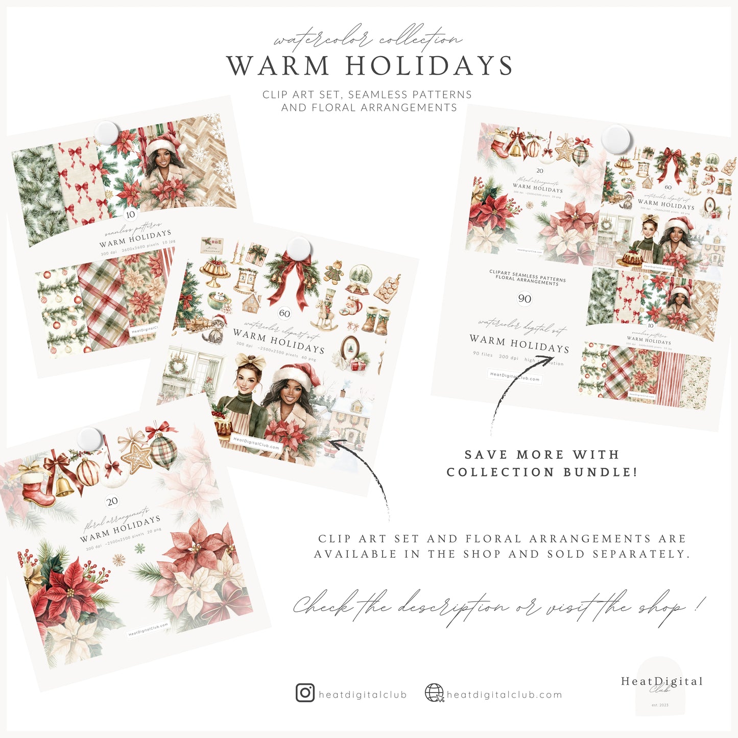 Warm Holidays - Seamless Patterns, Cozy Winter, Christmas, Poinsettia | 10 JPEG