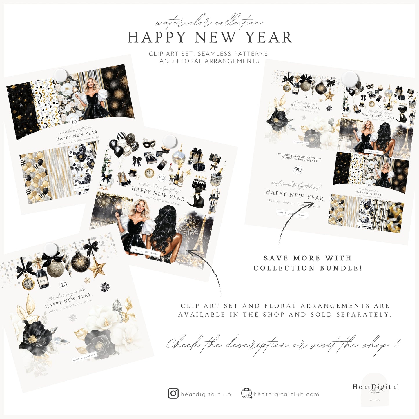 Happy New Year - Seamless Patterns, Black Gold Silver, Glitter Balloons Stars, Festive | 10 JPEG