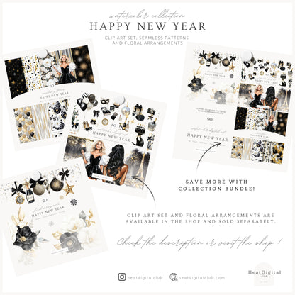 Happy New Year - Seamless Patterns, Black Gold Silver, Glitter Balloons Stars, Festive | 10 JPEG