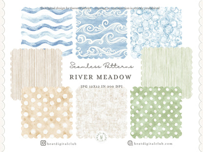 River Meadow - Seamless Patterns, Gingham, Stripes, Floral Pattern, Cottage, Summer Spring | 20 JPEG