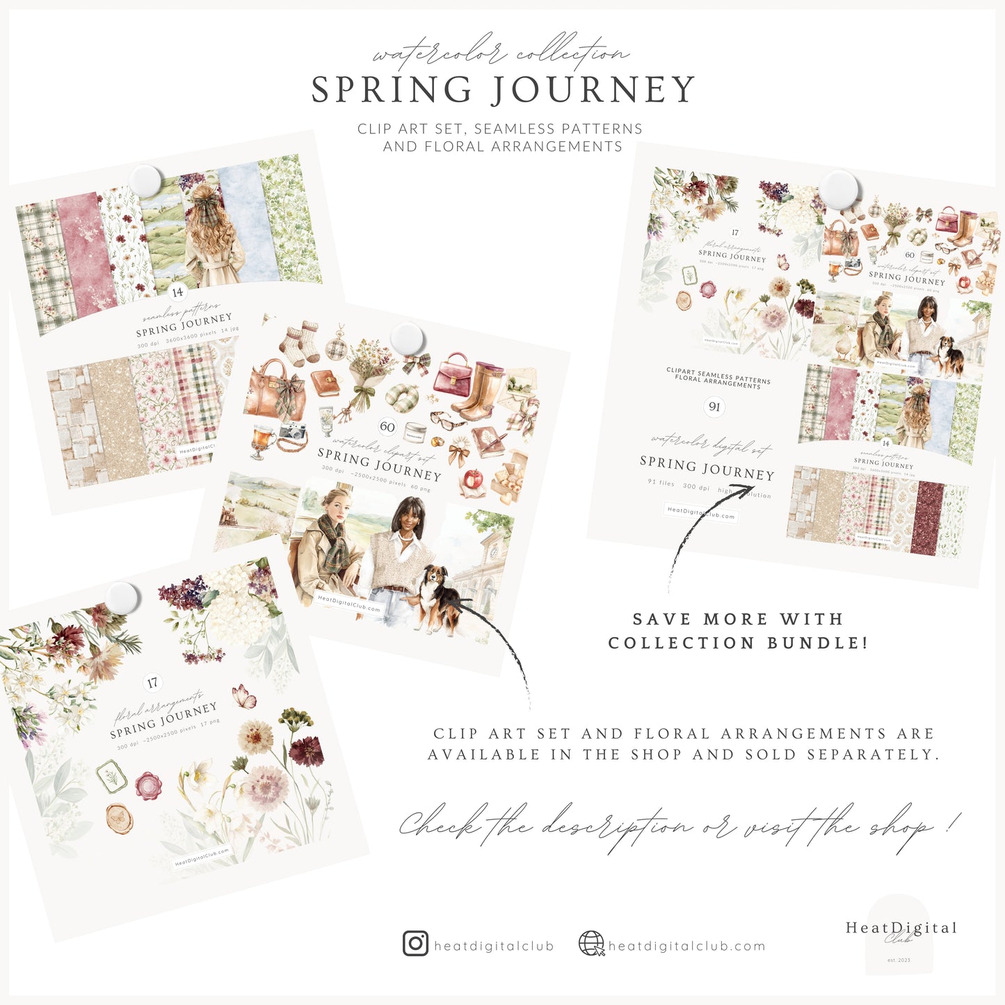 Spring Journey - Seamless Patterns, Tartan, Florals, Elegant Watercolor Pattern | 14 JPEG