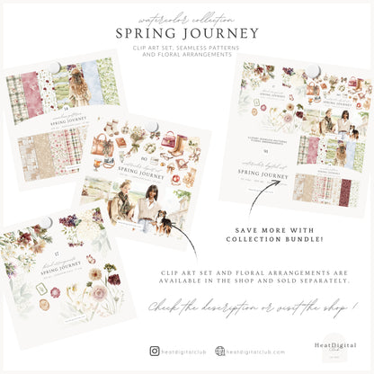 Spring Journey - Seamless Patterns, Tartan, Florals, Elegant Watercolor Pattern | 14 JPEG