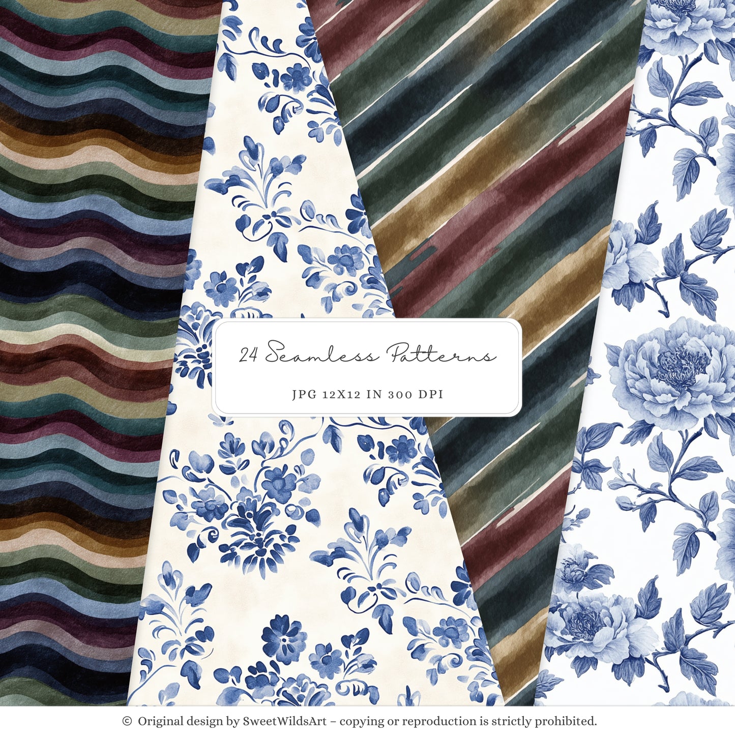 Little Classics - Watercolor Seamless Patterns, Grandmillennial Floral Hydrangea | 24 JPEG