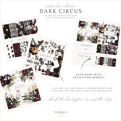 Dark Circus - Seamless Patterns, Gothic, Burgundy, Halloween | 10 JPEG