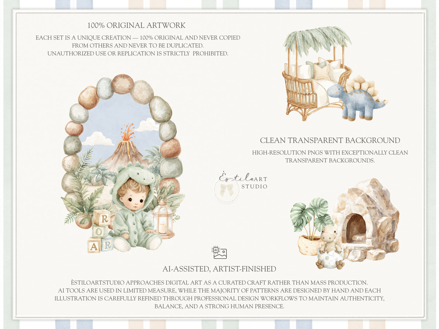 Dino Atelier - Clipart, Baby Dinosaurs, Plush Toys Animals, Prehistoric Baby Shower, Nursery | 102 PNG/JPEG