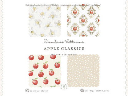 Apple Classics - Seamless Patterns, Apple Orchard Digital Paper, Gingham Pattern, Nursery Scrapbook Paper | 10 JPEG