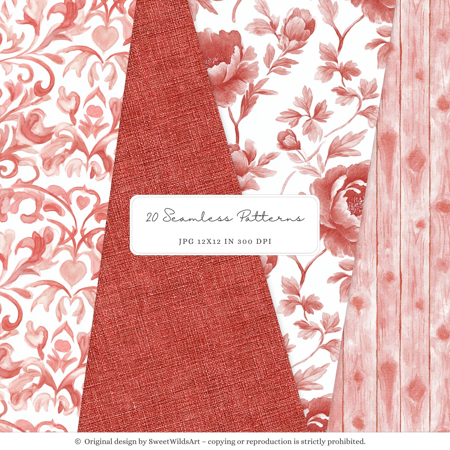 Romantic Classics - Seamless Patterns, Valentine's Day, Gingham Hearts Floral, Love | 20 JPEG